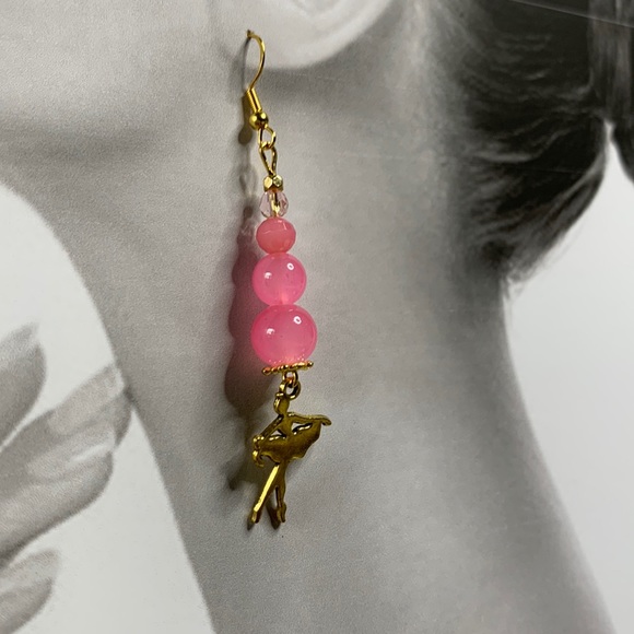 Handcrafted Semi Precious Pink stone w ballerina pendant Dangle Bon Bon Earrings - Picture 1 of 8